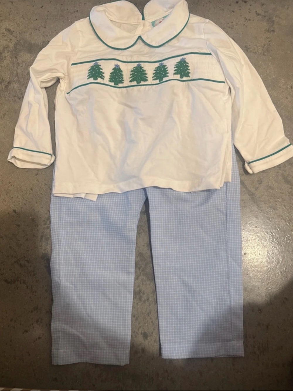 Kids White Top and Light Blue Gingham Pajama Set with Green Tree Trim